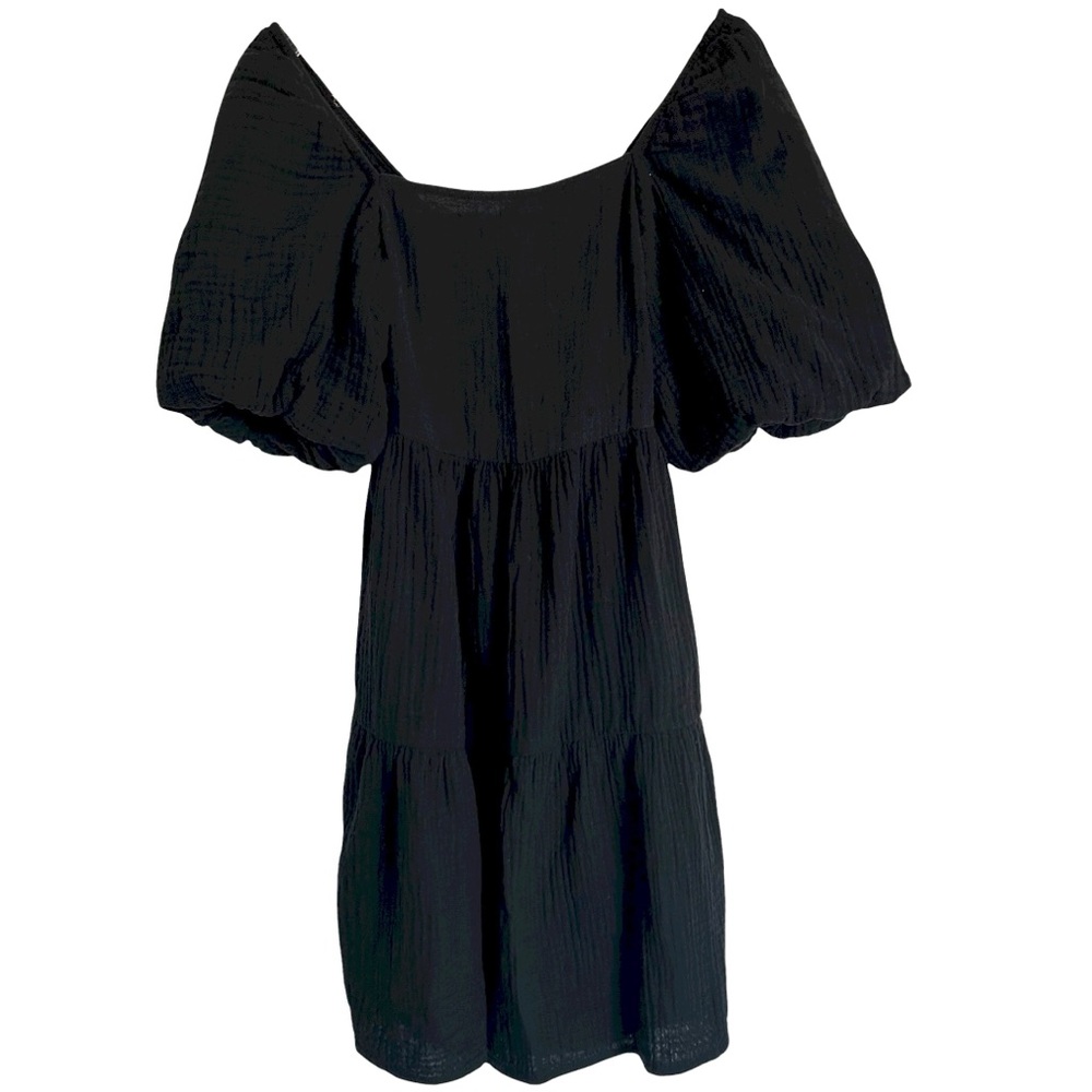 Monki square neck mini dress with tiered hem in textured black Medium - Picture 5 of 13